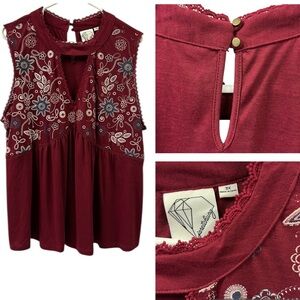 Janet Chung Burgundy Floral Sleeveless Keyhole Lace Detail Empire Waist Top  3X